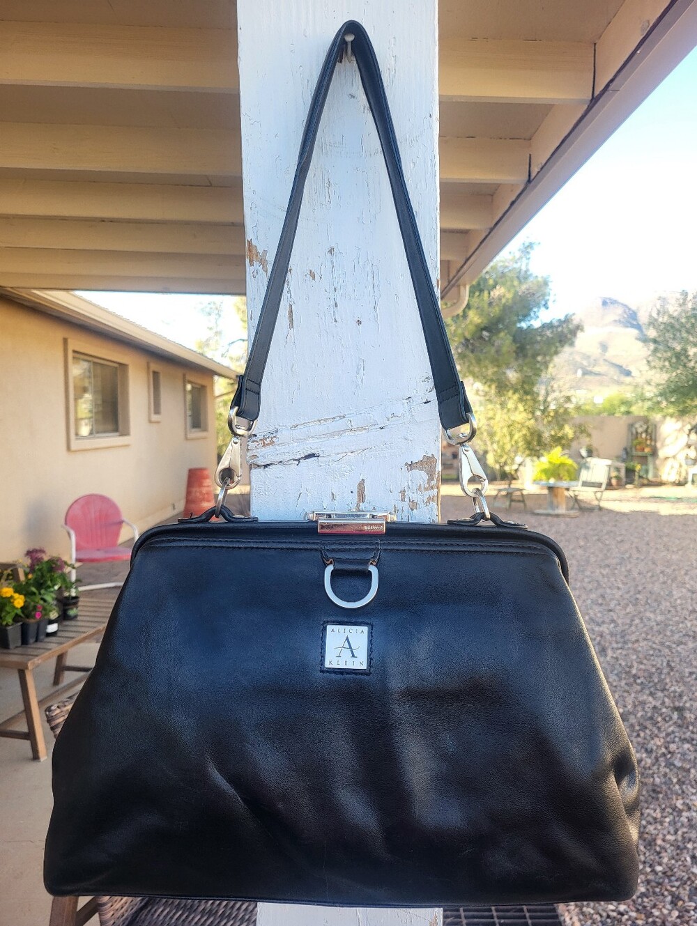 Alicia Klein Vintage Doctor Bag Black Leather Top-Handle Satchel. Push Lock.